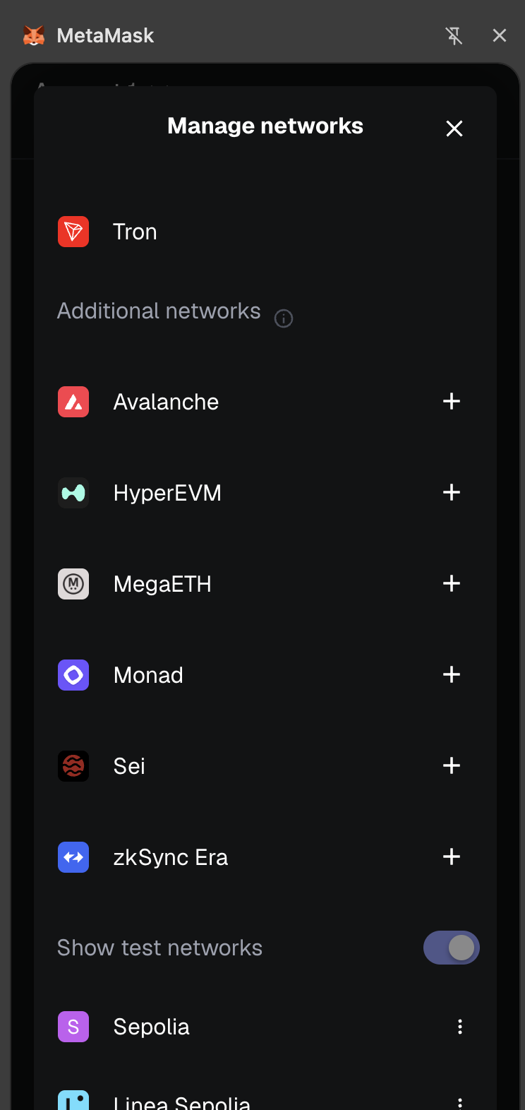 MetaMask show test networks toggle