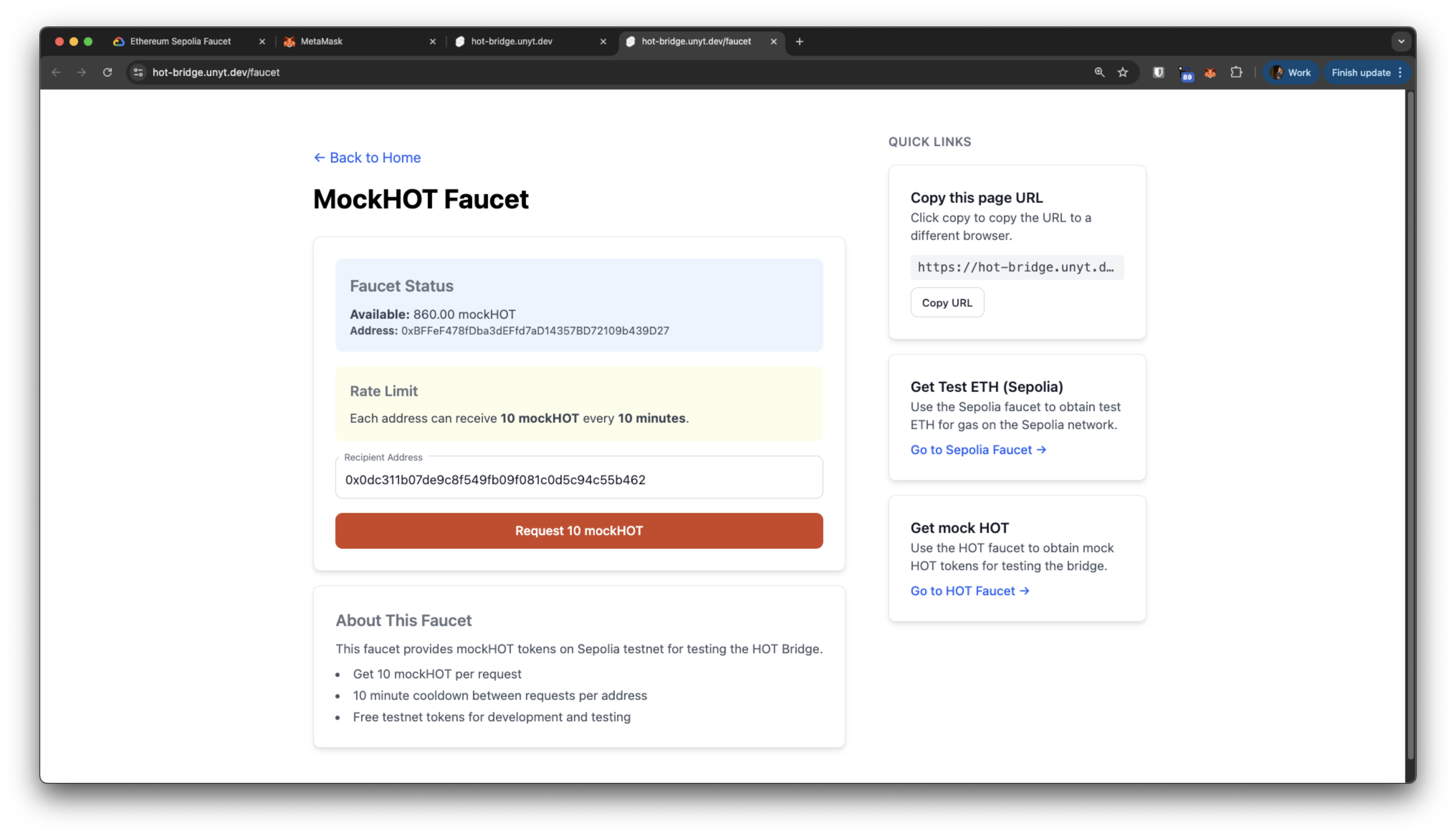 Requesting 10 mock HOT tokens