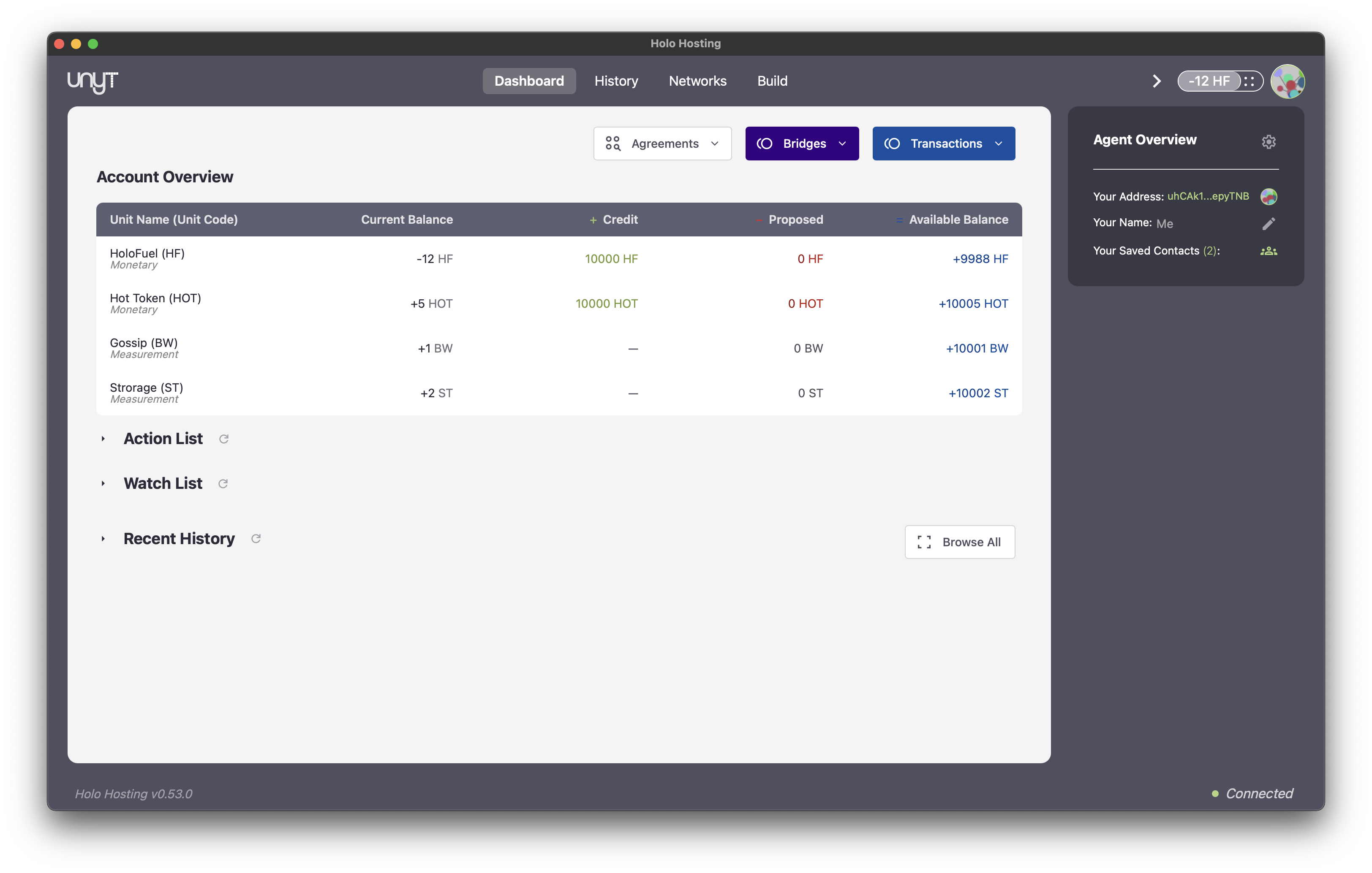 Unyt account overview showing your agent address